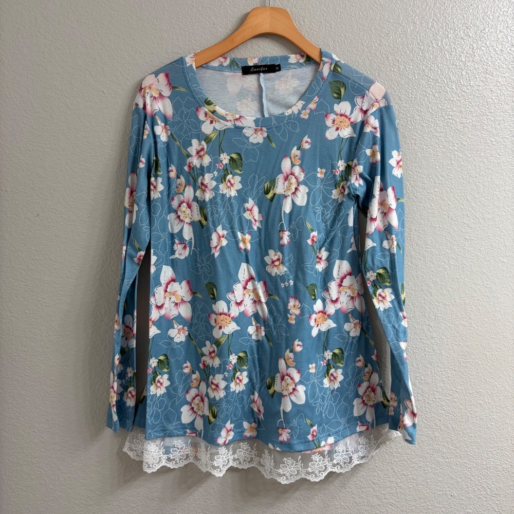 Sanifer Blue Floral Long Sleeve Lace Hem Top Womens Medium